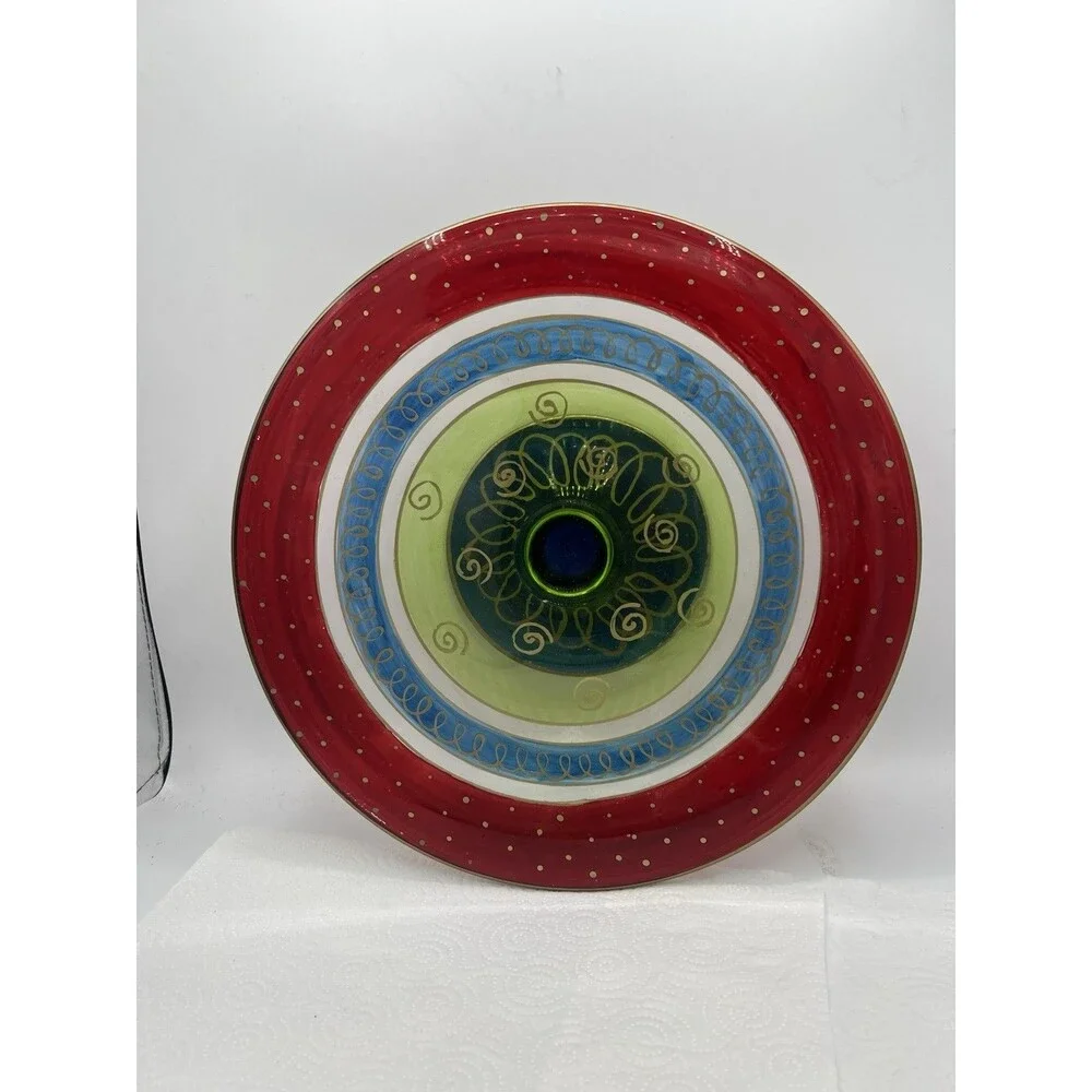 Pier 1 Festive Stripe Cake Plate Christmas Holiday Colorful 11 3/4”